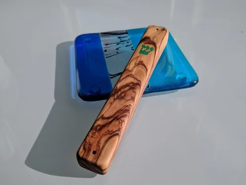 Key hanger present for a friend.  Maple inlaid with coral and malachite. Olive wood mezuzah inlaid with malachite.